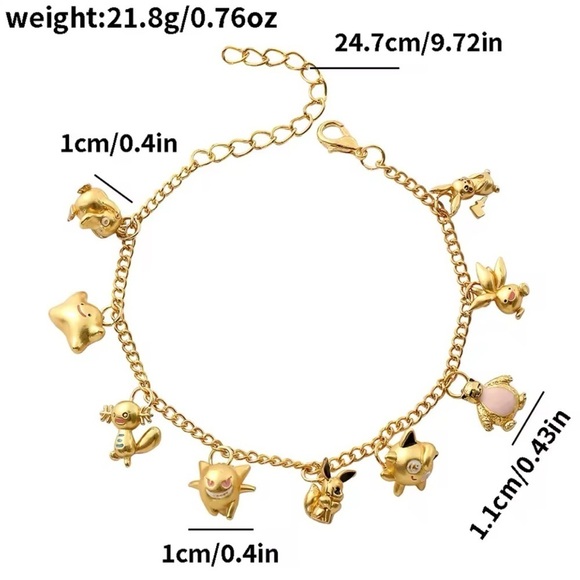 24K Gold Pokemon Characters Charm Bracelet Adjusta Sizing Anime Kawaii - Picture 7 of 7